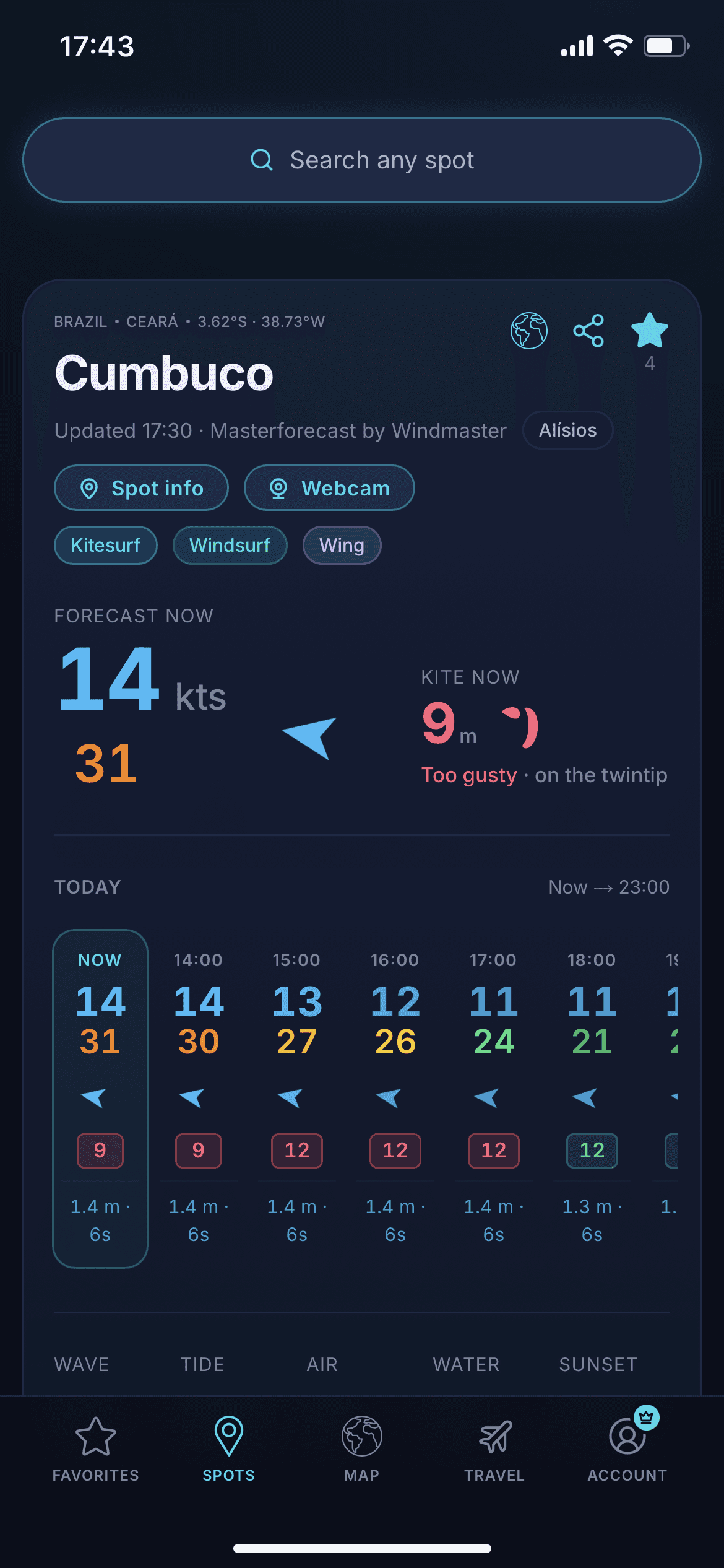 Windmaster spot page on iPhone
