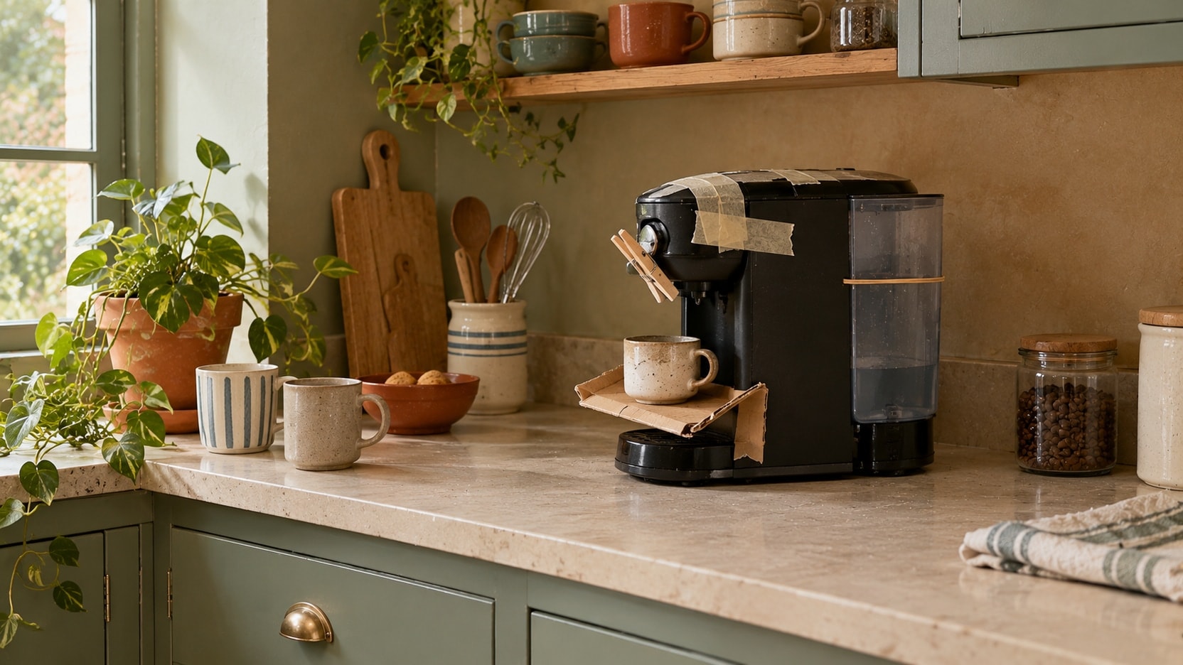 An office coffee machine kept working with tape, a clothes peg and a cardboard cup holder