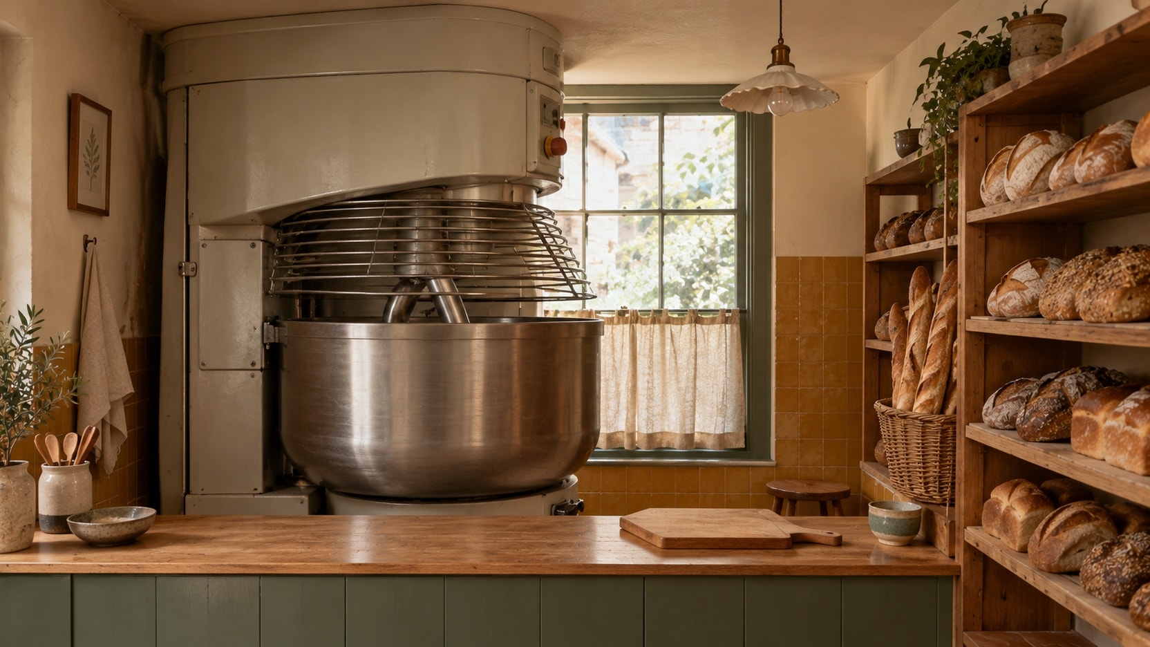 A huge industrial dough mixer squeezed into a tiny neighbourhood bakery