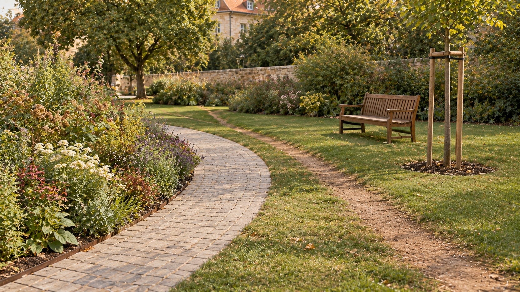 Une allée pavée qui fait un détour, et un chemin tracé dans l'herbe là où les gens passent vraiment