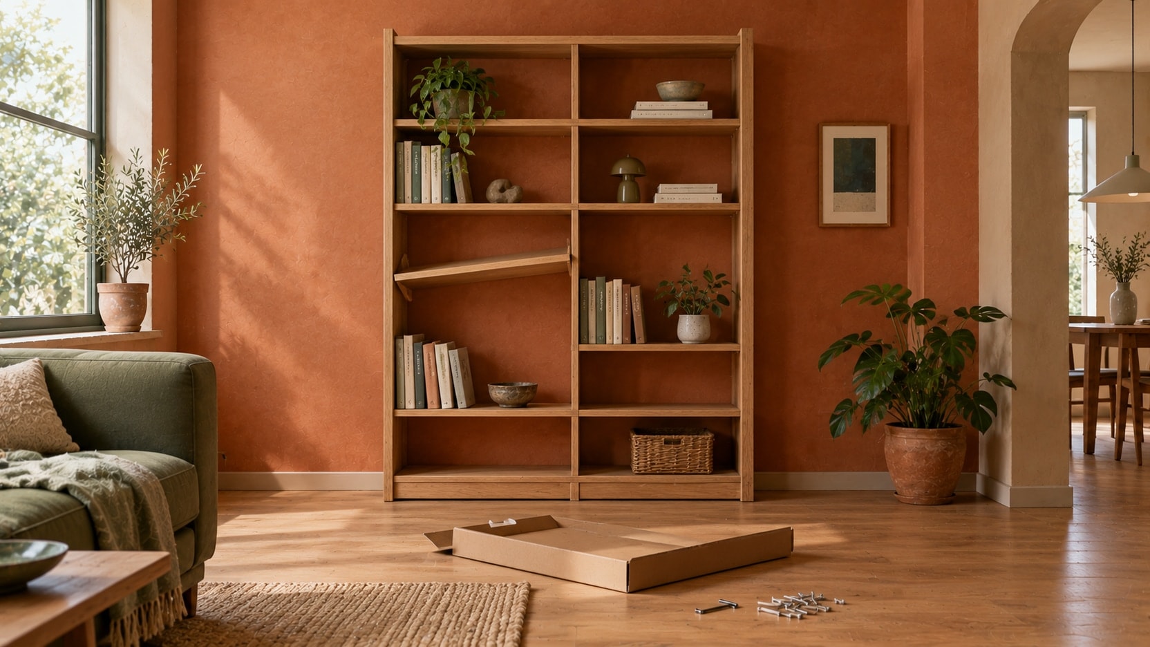 A self-assembled bookshelf that is nearly perfect, with one shelf on a slant and leftover screws on the floor