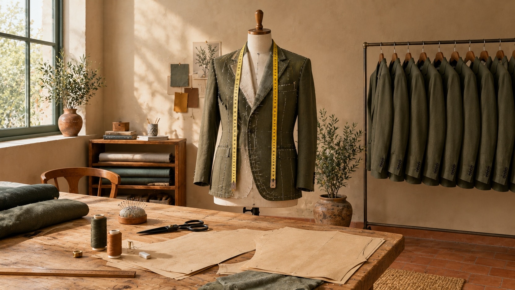 A jacket made to measure on a tailor's mannequin, next to a rail of identical ready-made jackets