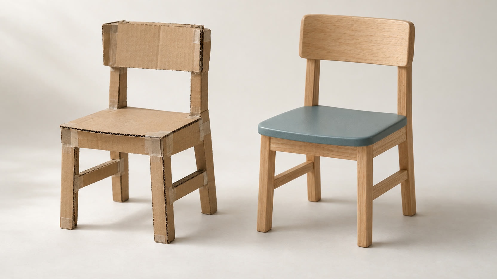 A cardboard model of a chair next to the finished wooden chair