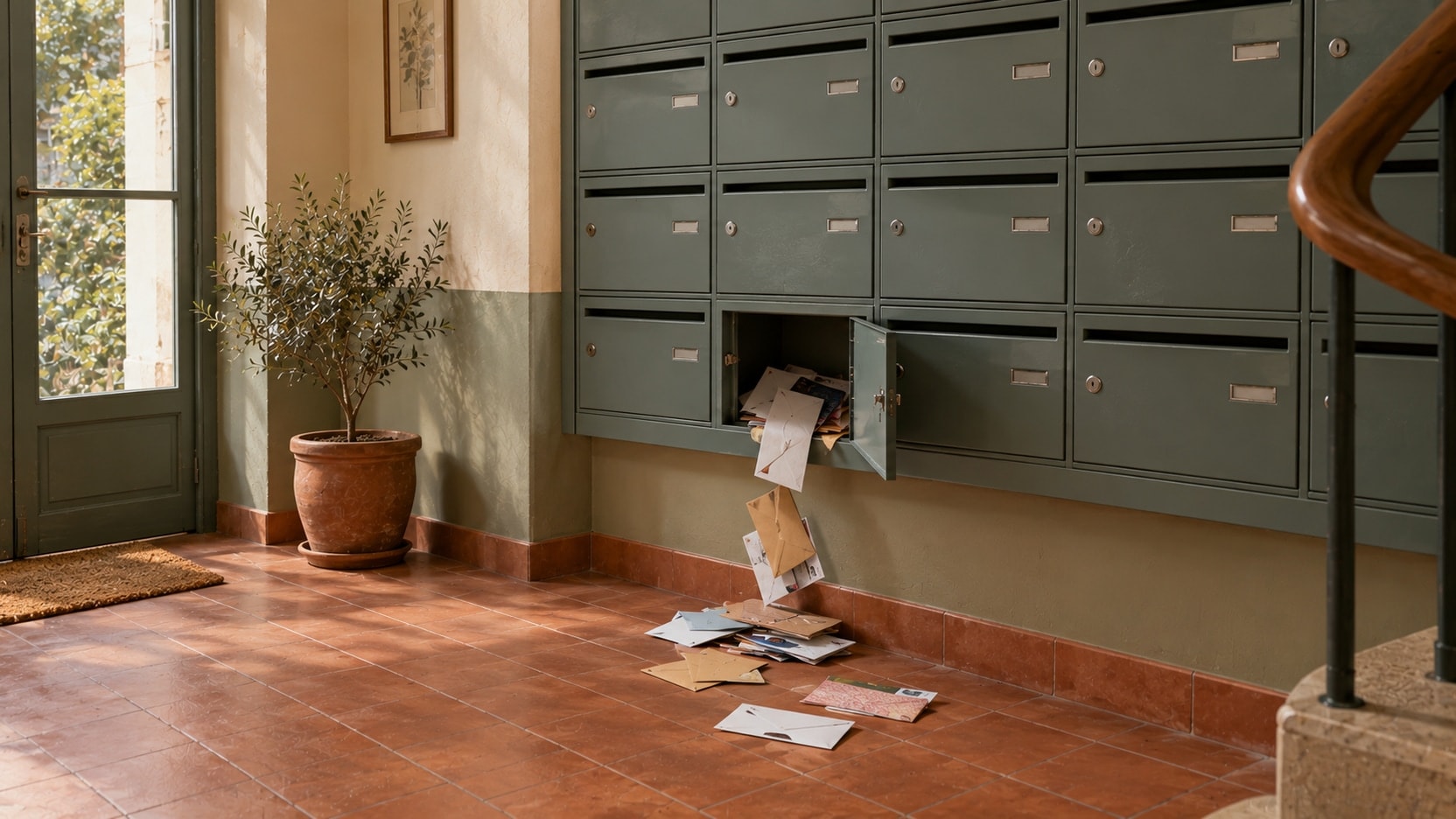 A wall of closed mailboxes in an apartment hall, with one hanging open and letters spilling on the floor