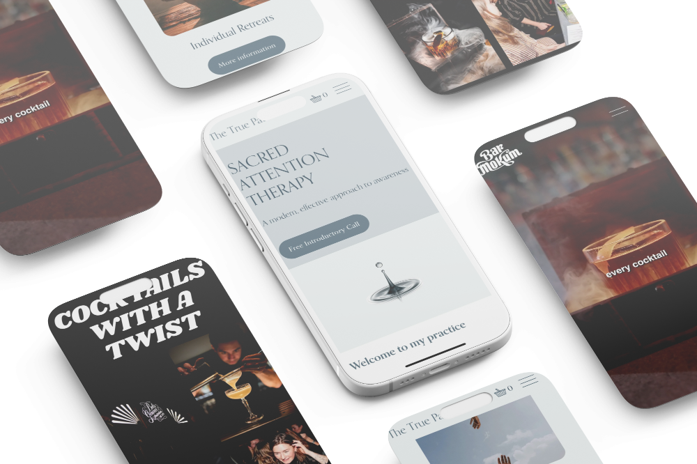 Mobile screens of a Squarespace website shown in a mosaic
