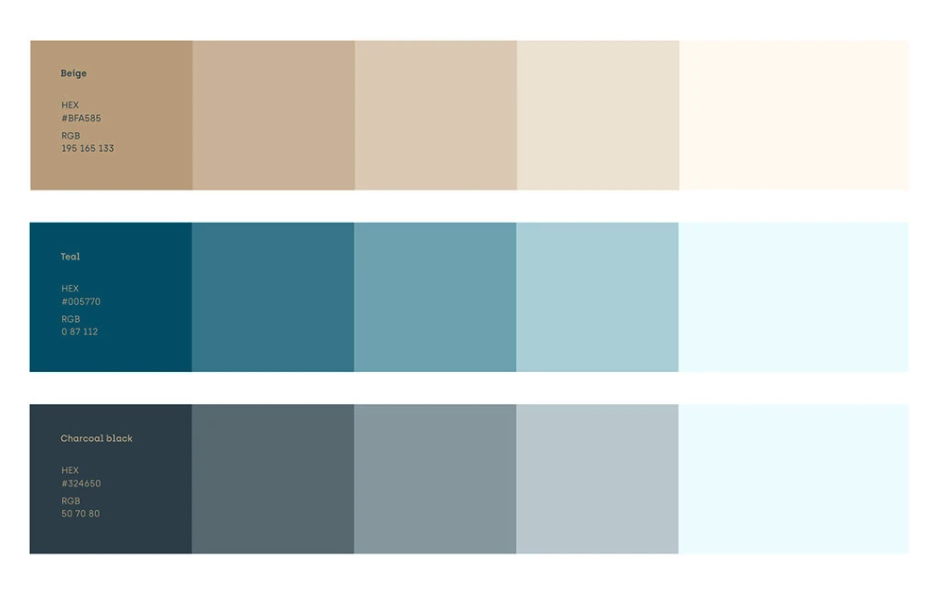 Color palette with four swatches labeled beige, teal, and charcoal black, showing their HEX and RGB codes